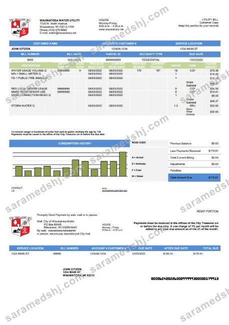 USA Wawatosa Water Utility utility bill template in Word and PDF format